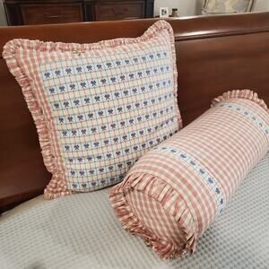 Vintage Cottage Shabby Chic Lg Throw And Bolster Pillows Floral Check 2 Pcs